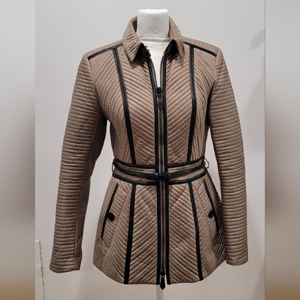 Burberry Women's Tan Quilted Coat with Black Leather Trim & Belt Size S